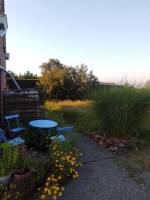 Ökologischer Garten mit Blick auf die Felder